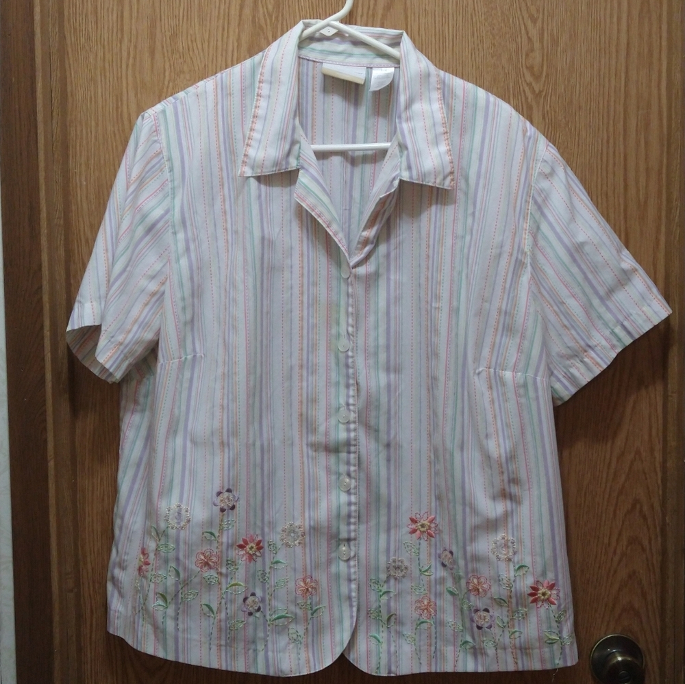 20W White with Multicolored Stripes Embroidered Women's Top Alfred Dunner